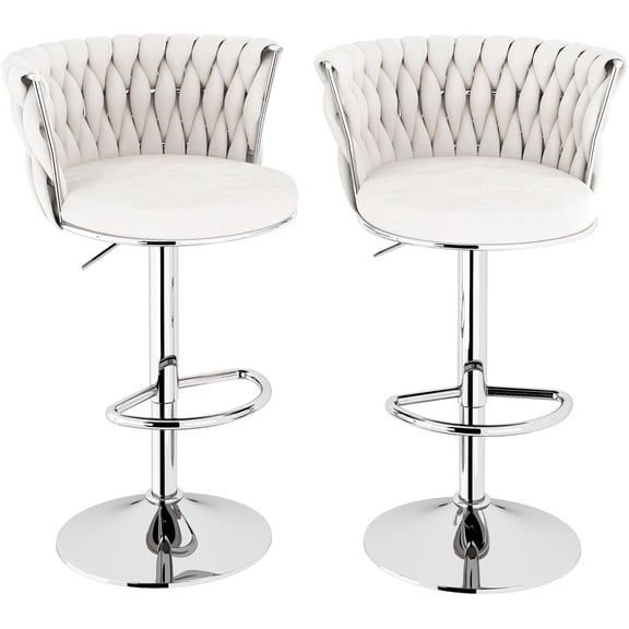 MOOSENG Velvet Swivel Bar Stools Set of 2, Adjustable Height Counter Chairs with Back & Footrest, Modern Upholstered Barstools for Kitchen Island White
