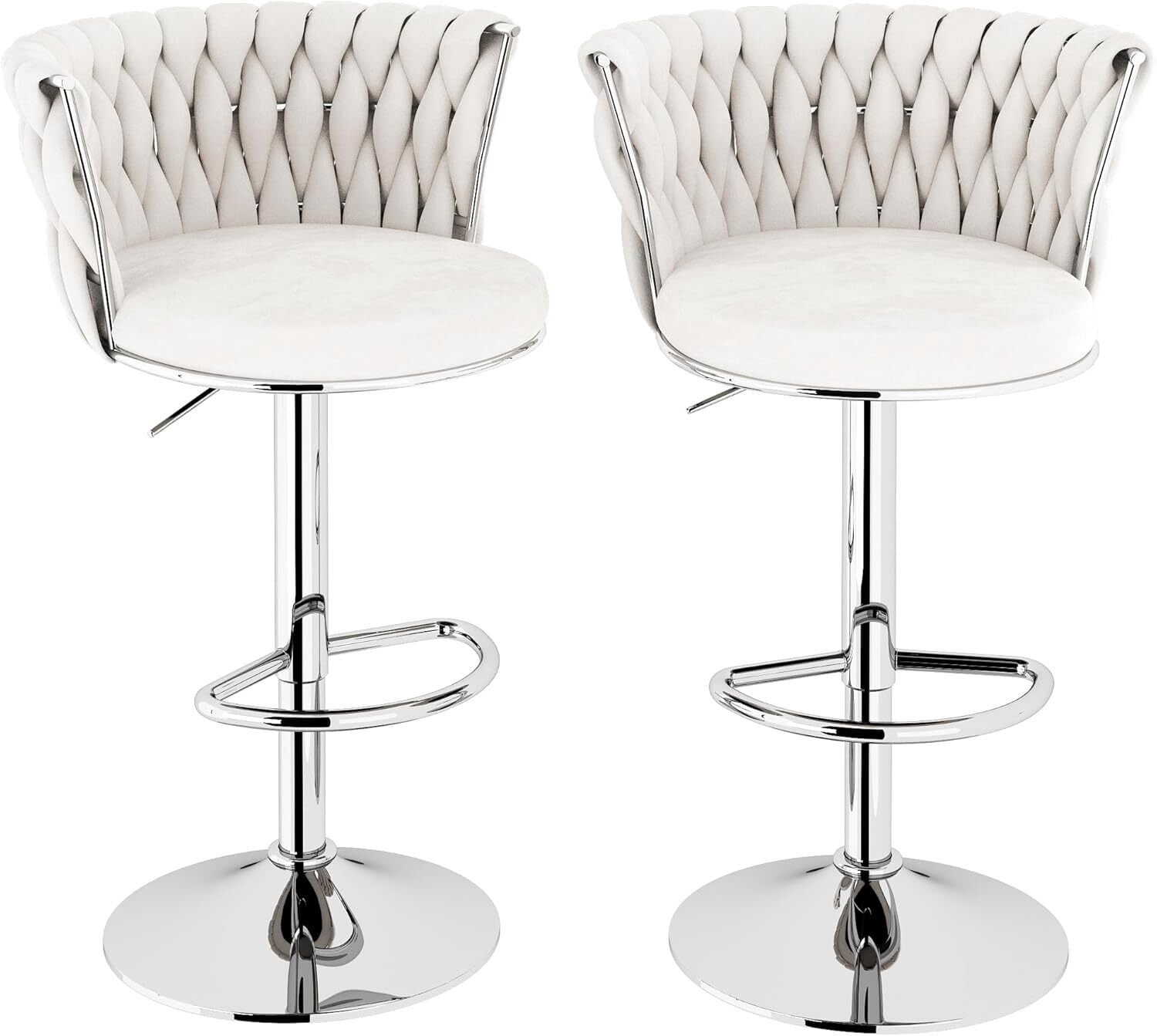 MOOSENG Velvet Swivel Bar Stools Set of 2, Adjustable Height Counter Chairs with Back & Footrest, Modern Upholstered Barstools for Kitchen Island White