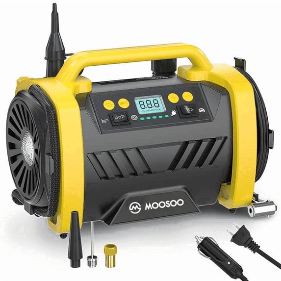 MOOSOO AC/DC Tire Inflator, 3 in 1 Portable Air Compressor for Car Tires with Auto Shut-off, LED Light, 150PSI Air Pump for Cars, Balls, Motorcycles