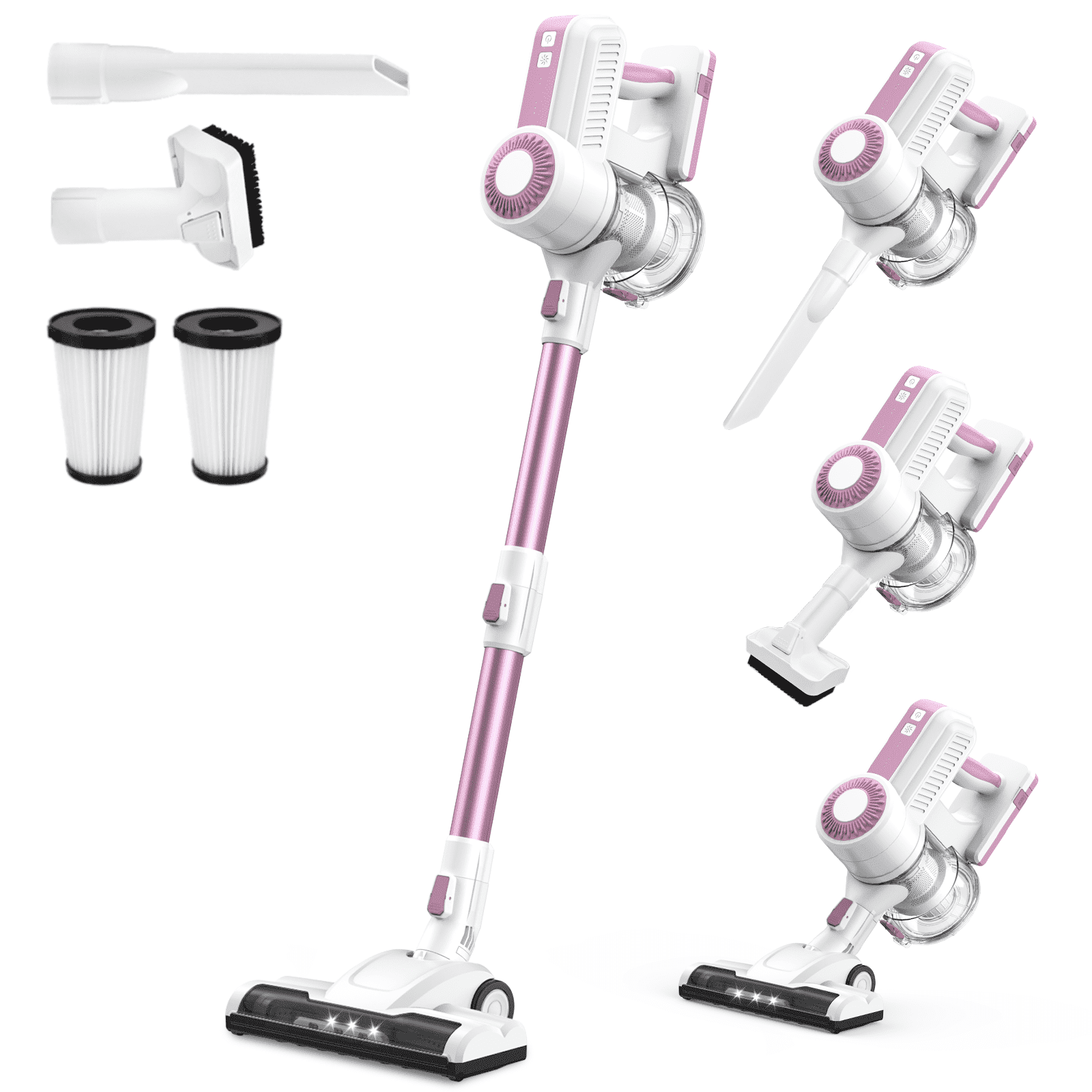 MOOSOO Stick Vacuum Cleaner, 30Kpa Powerful Suction Cordless Vacuum with Headlight Motorized Brush, Self-Standing for Hard Floor, Carpet Pet Hair, Pink
