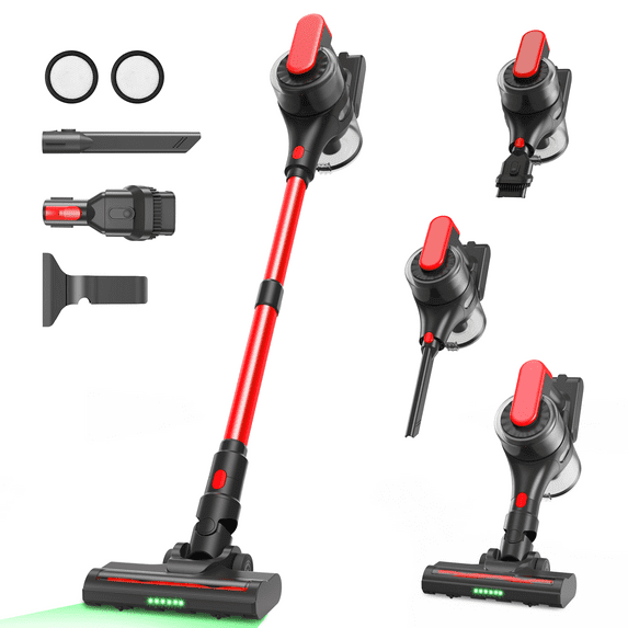 Maircle Cordless Stick Vacuum, Power Suction, Headlight Motorized Brush, Lightweight for Hard Floor, Carpet Pet Hair, Red