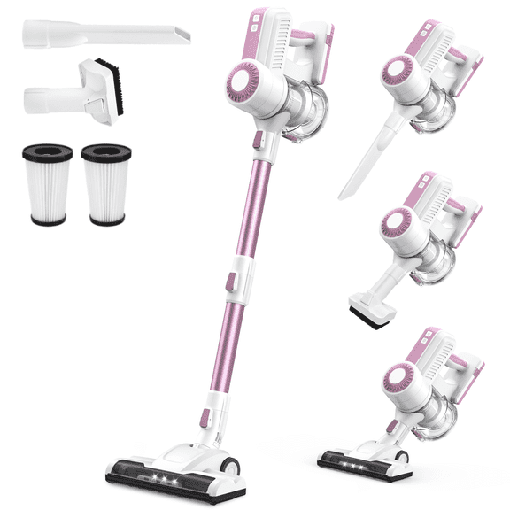 Representative product-family photo: MOOSOO Stick Vacuum Cleaner, 6-in-1 Lightweight Cordless Vacuum for Hard Floor Carpet Pet Hair, L12 Pink, Price. Pictured option and availability are unverified.