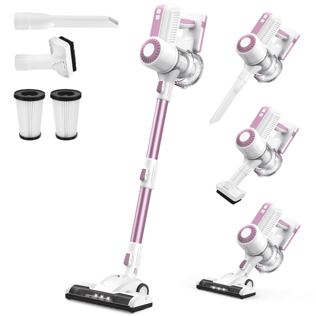 MOOSOO Stick Vacuum Cleaner, 6-in-1 Lightweight Cordless Vacuum for Hard Floor Carpet Pet Hair, L12 Pink