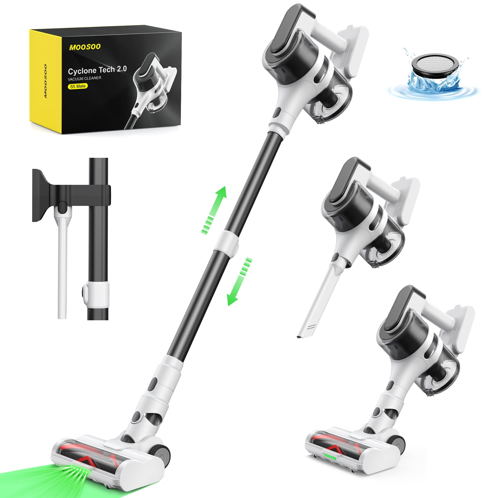 MOOSOO Stick Vacuum Cleaner, Powerful Suction Cordless Vacuum, 6 LED Headlights, 55 mins max