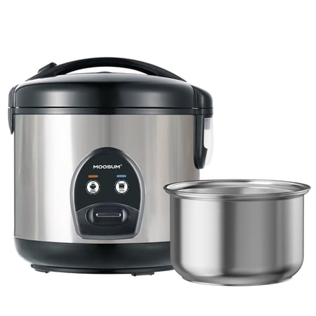 MOOSUM Electric Rice Cooker with One Touch for Asian Japanese Sushi Rice, 5-Cup Uncooked with Stainless Steel Inner Pot, Removable Inner Cover and Auto Warmer, Silver