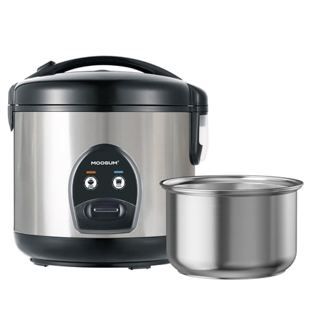 MOOSUM Electric Rice Cooker with One Touch for Asian Japanese Sushi Rice, 5-Cup Uncooked with Stainless Steel Inner Pot, Removable Inner Cover and Auto Warmer, Silver