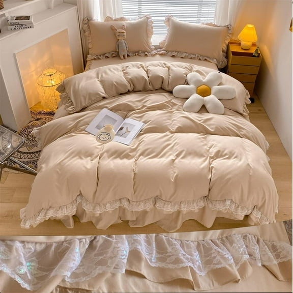 MOOWOO Chic Ruffle Lace Polyester Duvet Cover Set -Girl Champagne Bedding-3 Piece Full Duvet Cover with Zipper Closure -Ultra Soft and Light Weight