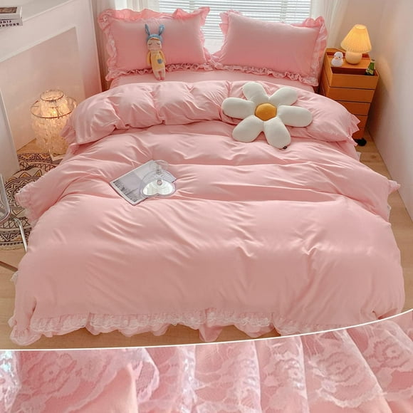 MOOWOO Chic Ruffle Lace Polyester Duvet Cover Set -Girl Pink Bedding-3 Piece Queen Duvet Cover with Zipper Closure -Ultra Soft and Light Weight