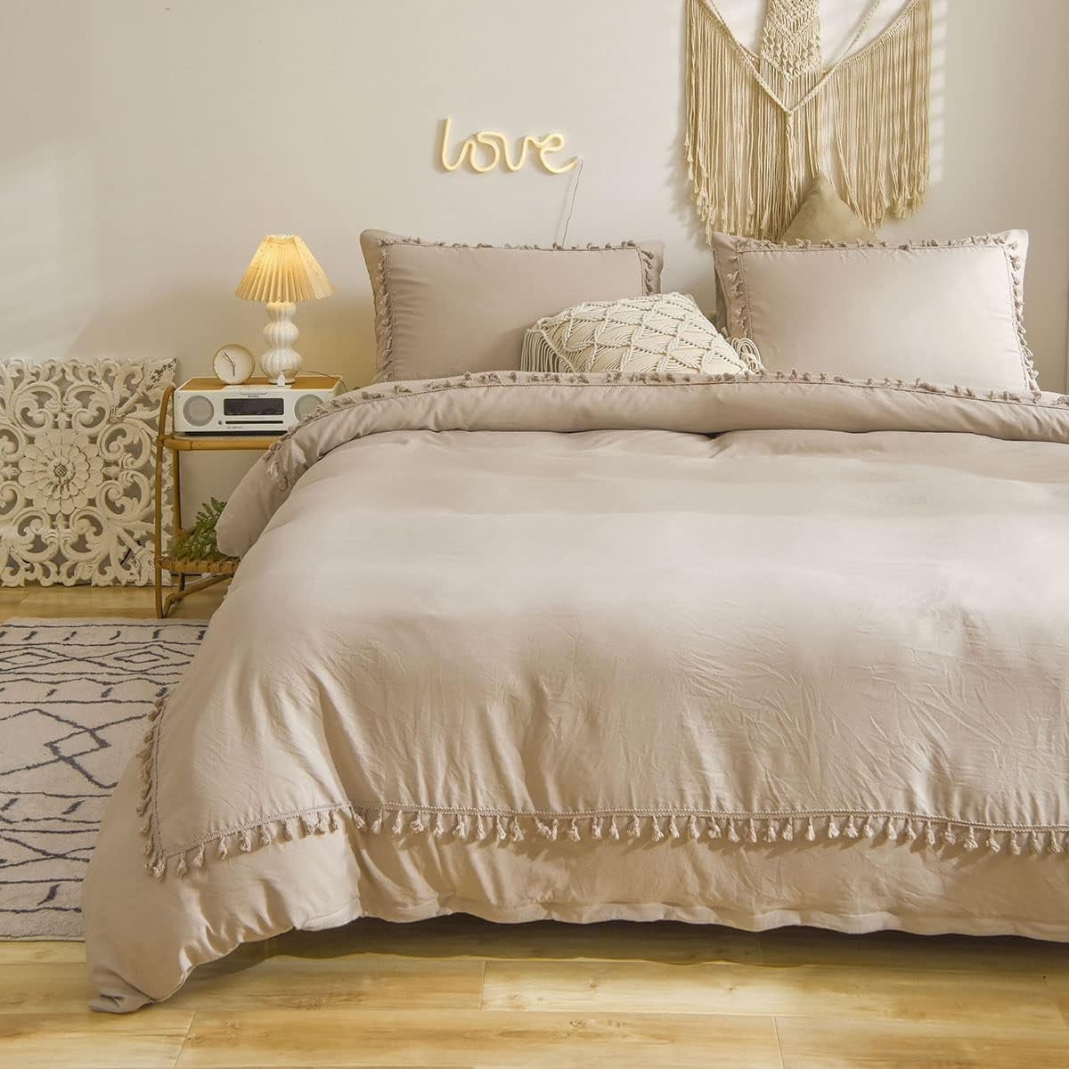 MOOWOO Khaki Boho Bedding, Twin Tufted Tassel Fringe Farmhouse Duvet ...