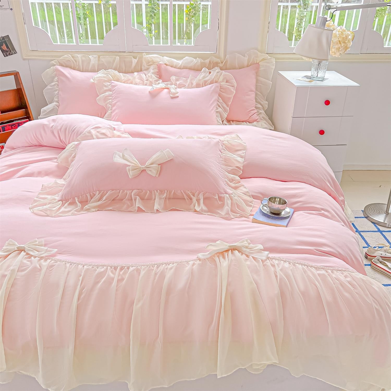 MOOWOO Ruffled Bedding Bow Duvet Cover Set with Butterfly Tie, Soft Brushed Microfiber Shabby Chic Bedding Set with Zipper Closure