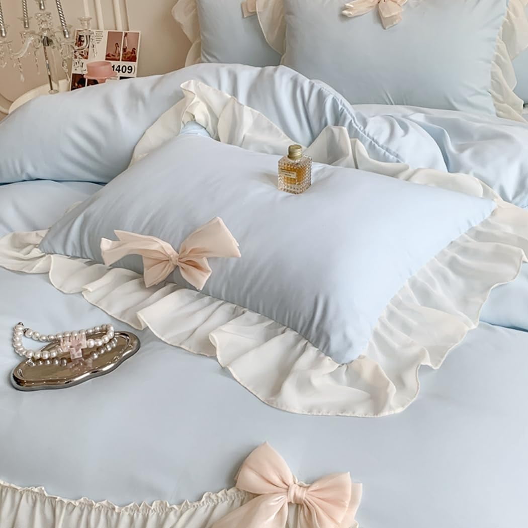 MOOWOO Ruffled Bedding Bow Duvet Cover Set with Butterfly Tie, Soft Brushed Microfiber Shabby Chic Bedding Set with Zipper Closure
