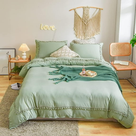 MOOWOO Sage Green Boho Bedding, Queen Tufted Tassel Fringe Farmhouse Duvet Cover,Boho Chic BeddingSolid Color,100% Washed Microfiber,Lightweight for All Season