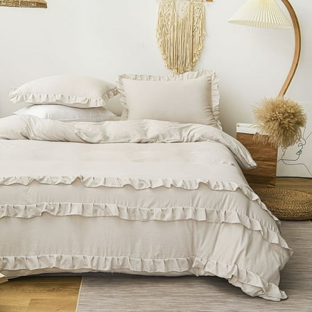 MOOWOO Shabby Chic Beige 2 Pieces Bedding,Vintage Ruffled Queen Duvet Cover Set with Layers Ruffles,Soft Brushed Microfiber Set with Zipper Closure,Lightweight Duvet Cover Set
