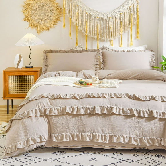 MOOWOO Shabby Chic Khaki 3 Pieces Bedding,Vintage Ruffled Queen Duvet Cover Set with Layers Ruffles,Soft Brushed Microfiber Set with Zipper Closure,Lightweight Duvet Cover Set