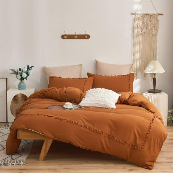 MOOWOO Terracotta Orange Boho Bedding, Queen Tufted Tassel Fringe Farmhouse Duvet Cover,Boho Chic BeddingSolid Color,100% Washed Microfiber,Lightweight for All Season