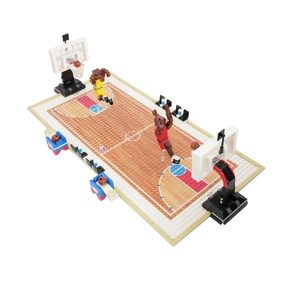 MOOXI Basketball Court Player Building Block Set,Includes Basketball baseplate, 2 Basketball Hoops, 2 Ball launchers, 2 basketballs,8 Audience Seats,Gift for Boys and Girls