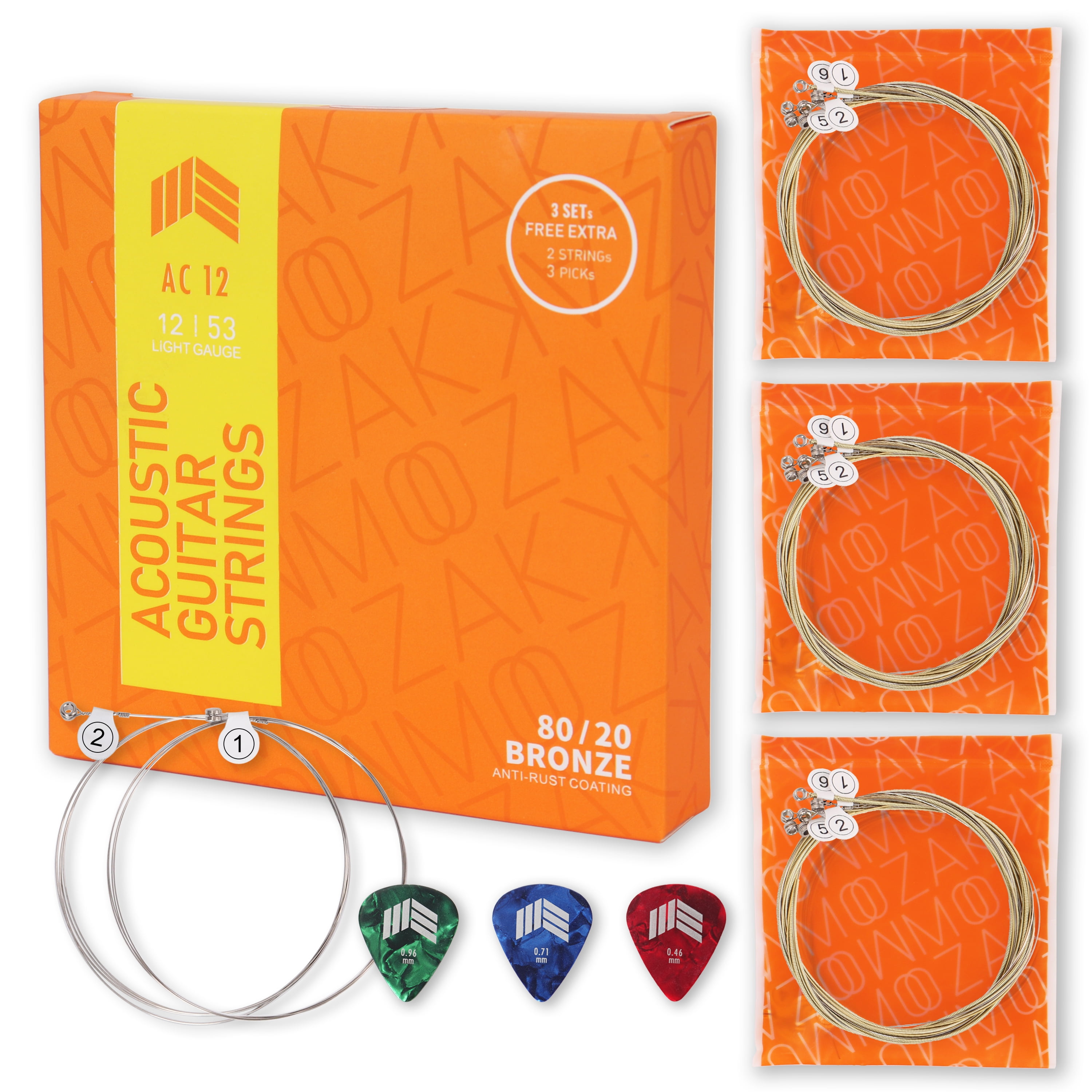 MOOZAK 80/20 Bronze Acoustic Guitar Strings, 3 Packs, Extra
