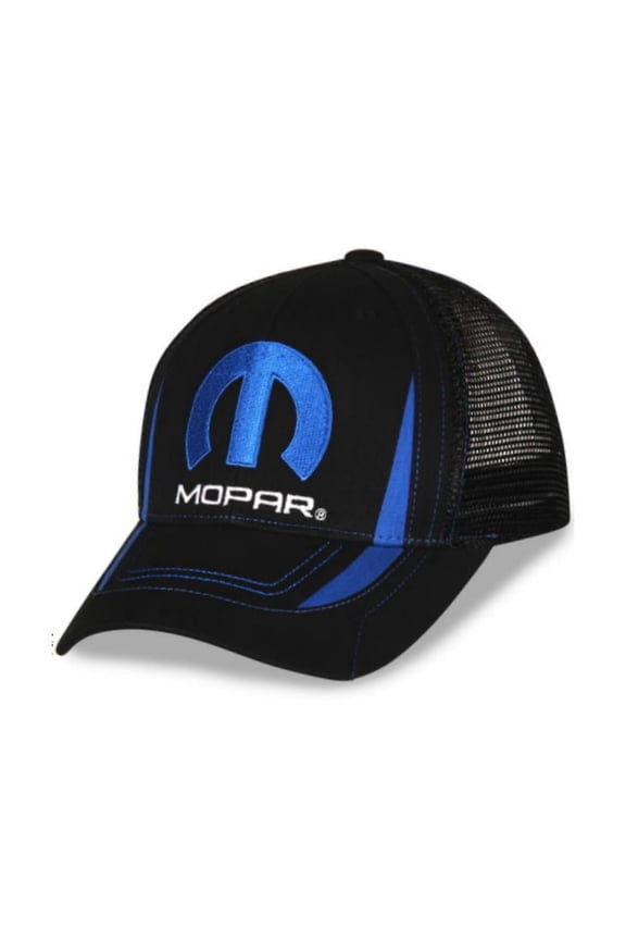 Trucker Style Hat, Vented Mesh Back, Embroidered Logo, Adjustable, 65% Brushed Cotton 35% Polyester, Black w/ Blue Trim, One Size Fits Most