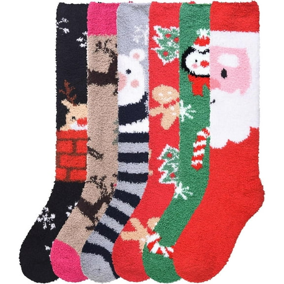 MOPAS Ladies Colorful Fleece Knee High Socks Assorted 6 Pack 9-11One Size, X-MAS