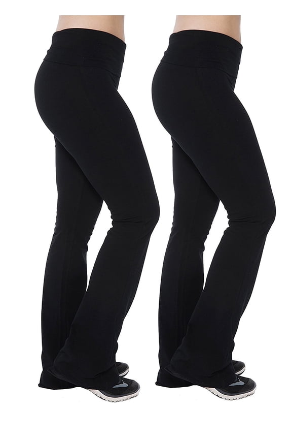 Women Fold-Over High Waisted Flared Bottom Bootcut Basic Workout Pants