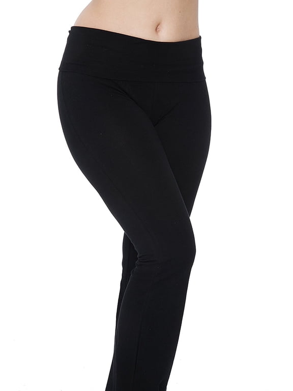 Women Fold-Over High Waisted Flared Bottom Bootcut Basic Workout Pants