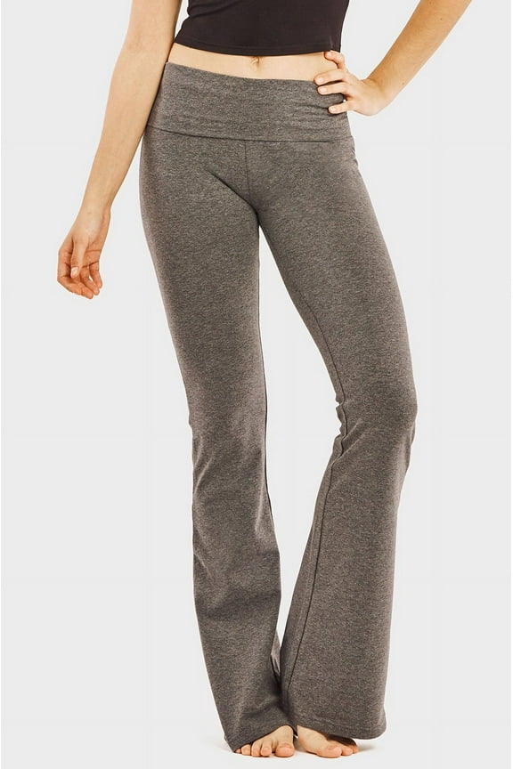 Women Fold-Over High Waisted Flared Bottom Bootcut Basic Workout Pants