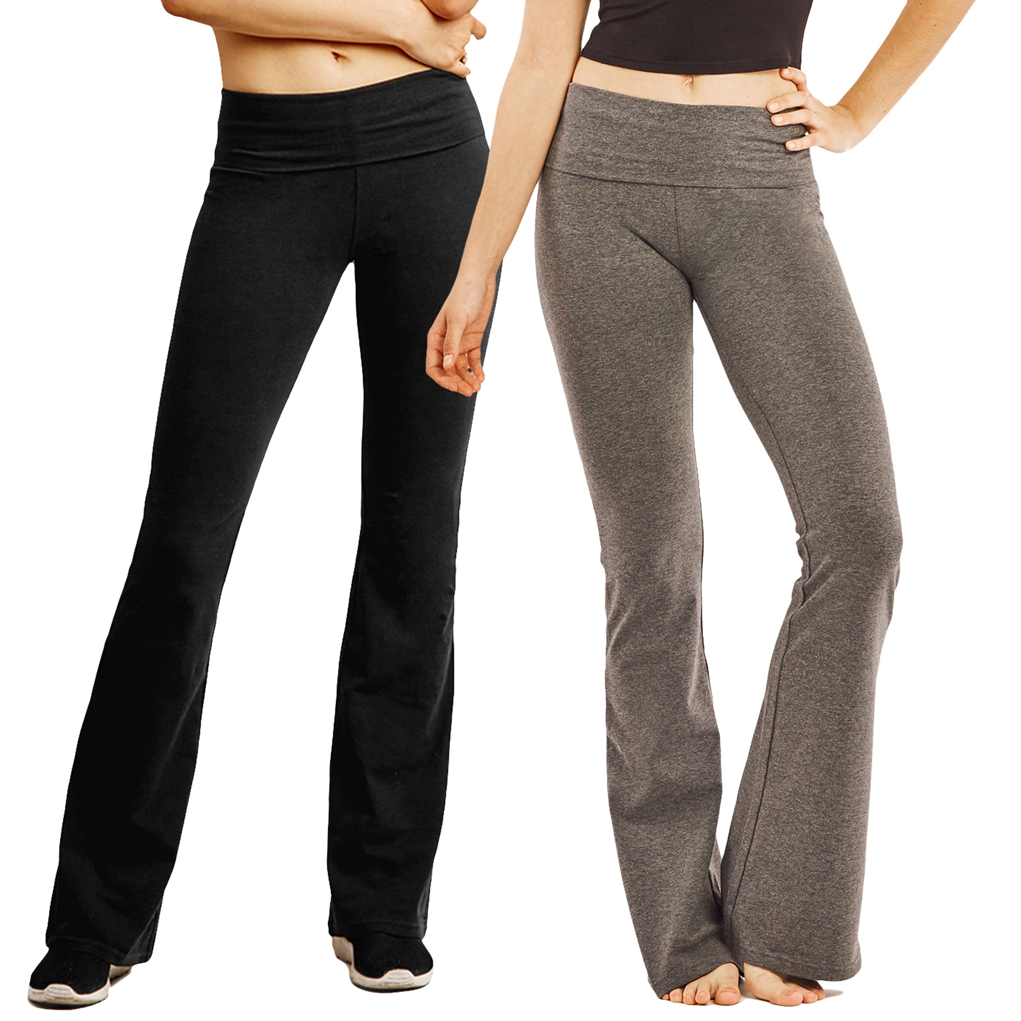 MOPAS Women Fold-Over High Waisted Flared Bottom Bootcut Basic Workout Pants  