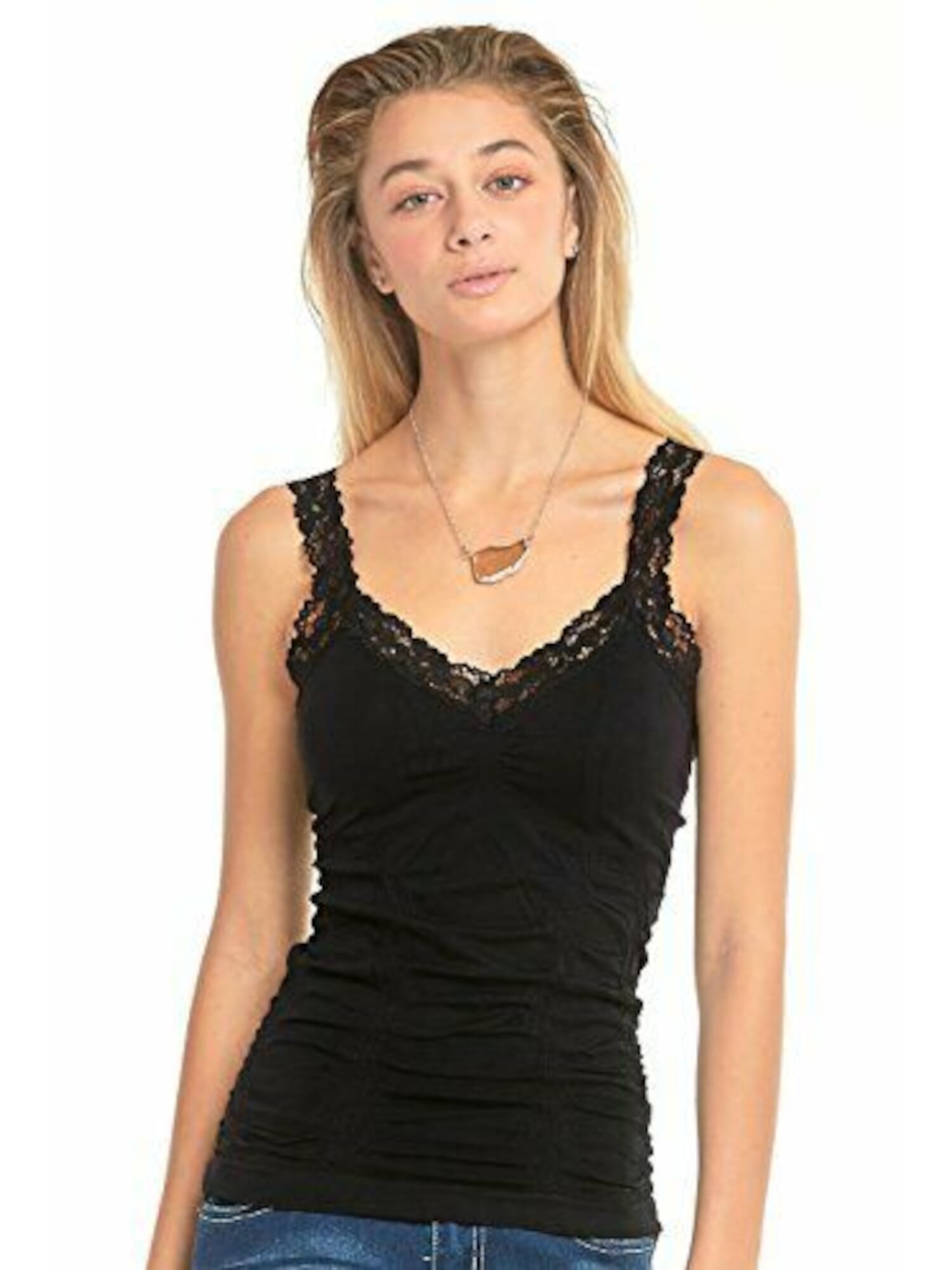 MOPAS Womens Black Lace Trimmed Camisole Sleeveless V Neck Top