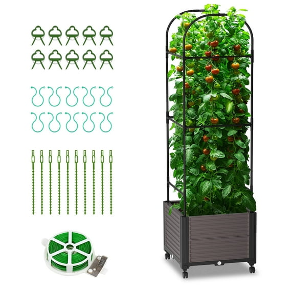 MOPHOTO 16"X12"x61" Raised Garden Bed Planter Box with Wheels, Planter Raised Garden Bed with Trellis for Climbing Vegetables Plants Tomato Cage with Reservoir, 1 Pack