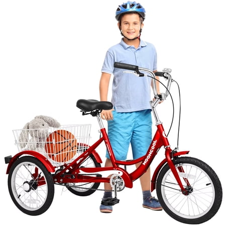 MOPHOTO 16 inch Trikes for Beginner Riders, Small Tricycle Single Speed 3 Wheel Bikes, Low Step Through Three-Wheeled Bicycles with Rear Basket