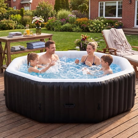 MOPHOTO 4-6 Person Inflatable Hot Tub,Portable Large Octagonal Hottub with 130 Bubble Jets,Outdoor Spa Set Included Heater Pump, Filter and Spa Cover(77"*77"*25")