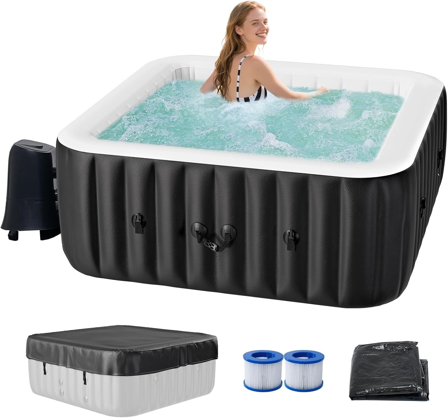 MOPHOTO 2-4 Person Inflatable Hot Tub Square Portable Blow up Hot Tub Leak-Proof PVC Outdoor Spa with 120 Air Jets Insulated Cover Heater Pump(60"*60"*25")