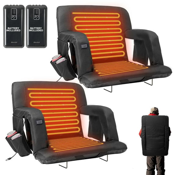 MOPHOTO 2 Pack Heated Stadium Seat Bleacher Seat with Back & Arm Support, Portable 6 Reclinng Positions Stadium Seating for Bleachers, Bleacher Seats for Sports Events, Outing, Travelling, Hiking