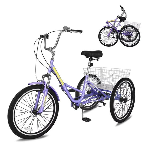 20" Folding Tricycle for Adults Seniors with Big Basket, 7 Speed Low-Step Through Frame 3 Wheel Bikes Suitable for Women, Men for Cycling, Shopping, Exercise, Support up to 450 LBS