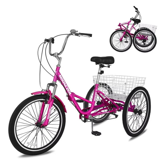 20" Folding Tricycle for Adults Seniors with Big Basket, 7 Speed Low-Step Through Frame 3 Wheel Bikes Suitable for Women, Men for Cycling, Shopping, Exercise, Support up to 450 LBS