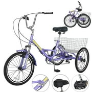 MOPHOTO 20/24/26 inch Adult Tricycle Folding 3 Wheel Cruiser Bikes 7 Speed, Portable and Foldable Trikes with Cargo Basket for Men & Women Outdoor Cycling, Purple