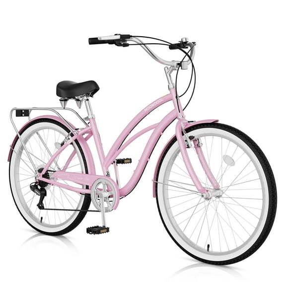 MOPHOTO 24''/26'' 7 Speed Beach Bicycles for Women Support 350bls, Women's Cruiser Bikes,Pink,with Adjustable Seat