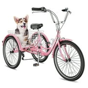 Adults Tricycles, 24/26" Trike Bike with Parking Brake Handle, 7 Speed Rear Derailleur, Double-Wall Wheel Rims, for Women Men Exercise Outdoor