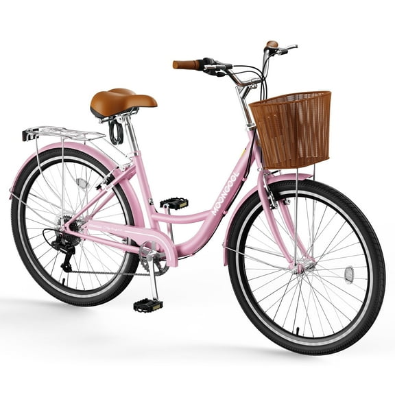 Cruiser Bikes Bicycles, 24/26" Wheels Bike with Basket, 7 Speed, for Women Men Exercise