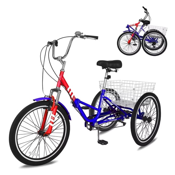 MOPHOTO 24"/26'' Folding Tricycle for Adults Seniors with Big Basket, 7 Speed Low-Step Through Frame 3 Wheel Bikes Suitable for Women, Men for Cycling, Shopping, Exercise, Support up to 450 LBS