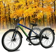 MOPHOTO 24/26 Mountain Tricycle for Women/Men, 7 Speed Adult Mountain Trike Bicycle with Big Basket, 3 Wheel Bike Cruise Bike, Adult Trike, for Exercise