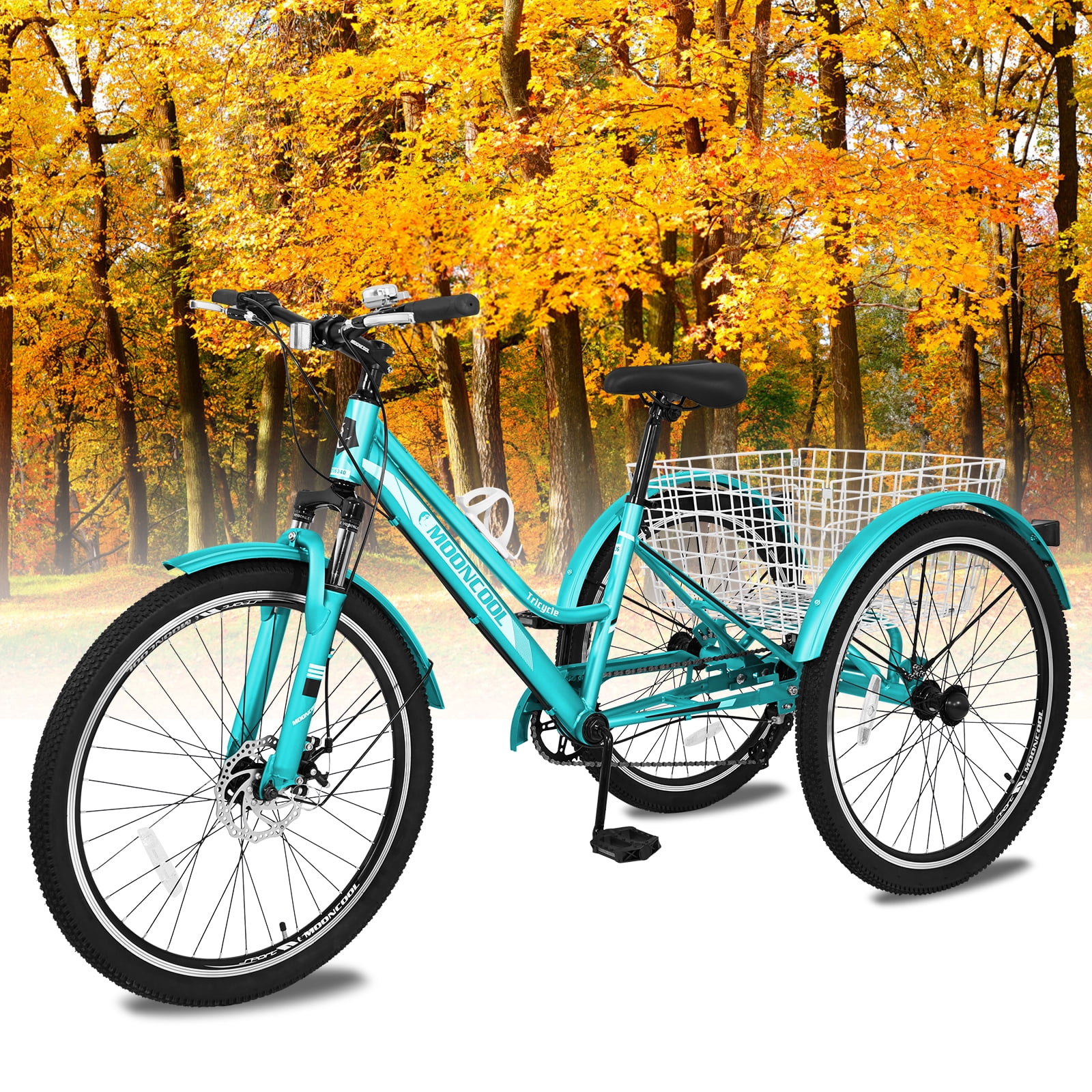 MOPHOTO 24"/26" Mountain Tricycle for Women/Men, 7 Speed Adult Mountain Bicycle with Big Basket, 3 Wheel Bike Cruise Bike, Cyan Trike, for Exercise
