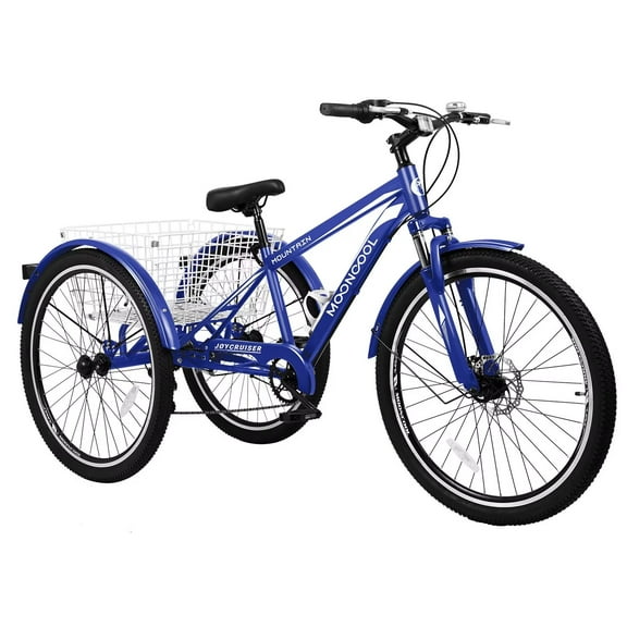MOPHOTO 24" Mountain Tricycle 7 Speed Adult Cruiser Trike, Cargo Basket, Blue Adult Tricycle