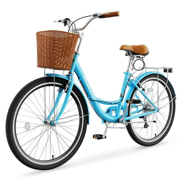 7 Speed 26IN Beach Cruiser Bike for Adult with Basket & Lock, Lightweight Step Through Women Bicycles, Shimano City Commuter Bicycle for Women Men, Shoping and Exercise