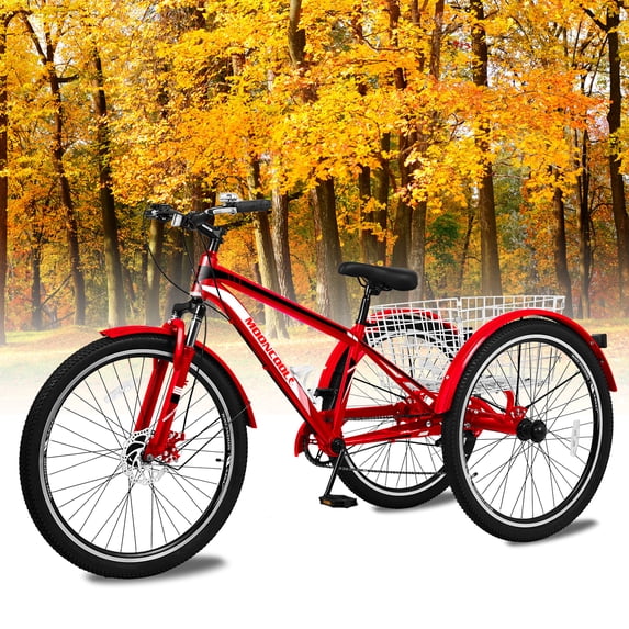 MOPHOTO 26" Adult Mountain Tricycle, 7 Speed Adult Trikes Shopping 3 Wheel Bicycle with Rear Basket, Adult Tricycle for Exercise