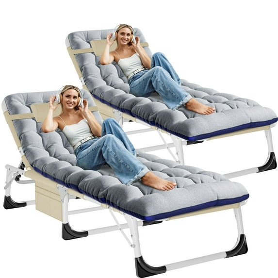 MOPHOTO 2PK Outdoor Beach Lounge Chair Folding Chaise Lounge with Pillow & Pad, Face Down Tanning Chaise Lounge Chair with Face & Arm Holes, Multi-scenario available, Brown