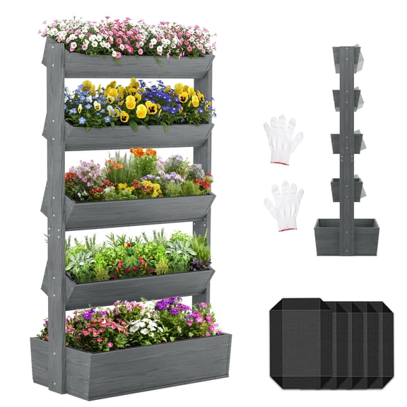 MOPHOTO 5-Tier Gray Vertical Wooden Raised Garden Bed Outdoor, 5 Tier Garden Planters Freestanding Wood Plant Stand Flower Rack Wooden Planter Box for Plants Herbs Flowers Vegetables Gardening
