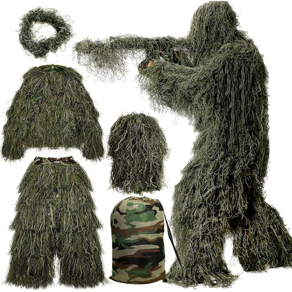 MOPHOTO 5 in 1 Ghillie Suit 3D Camouflage Hunting Suits - Jacket, Pants, Hood, Carry Bag for Adults & Youth, M/L/XL/XXL