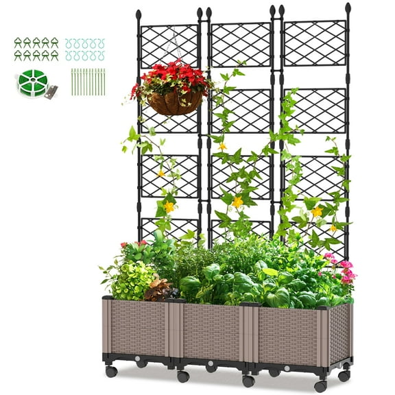 MOPHOTO 63" H 3 Pack lanter Box Raised Garden Bed with Trellis & Wheels Standing Vertical Horticulture Planter Box for Climbing Vegetables Plants & Herbs & Flowers