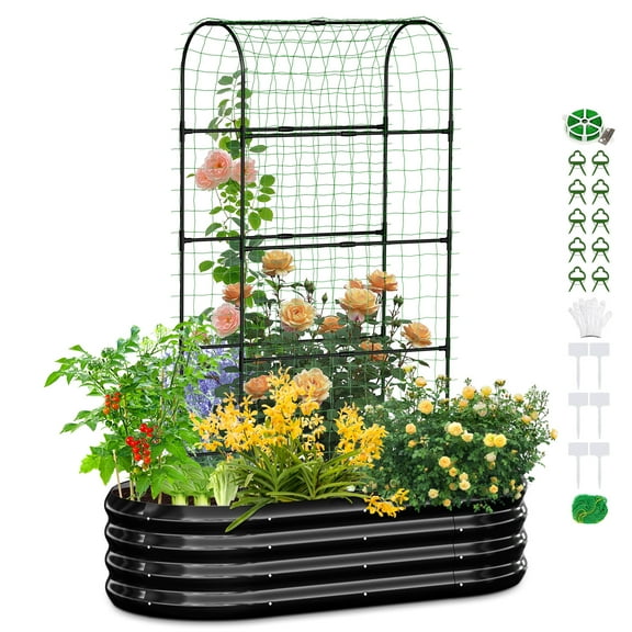 MOPHOTO 71inch Raised Garden Bed Arched Trellis Galvanized Planter Backyard Box Outdoor for Gardening,Climbing Vegetables,Plants,Flowers(Black)